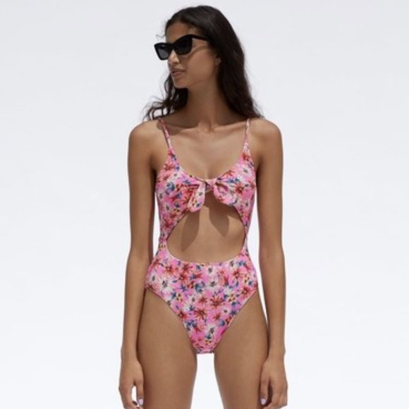 Zara Other - Zara One Piece Neon Pink Floral Open Front Bikini.